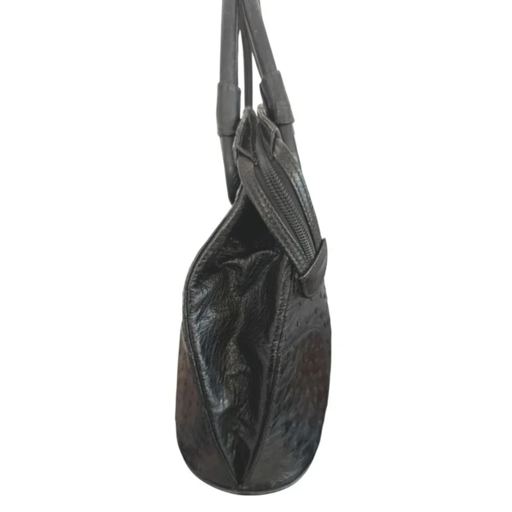 Vintage Bally Black Genuine Ostrich Leather Top Handle Bag Gold Hardware